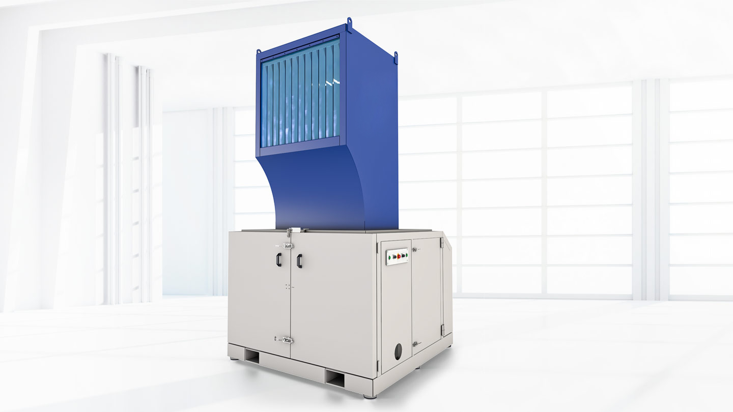 Schneidmühle Zerma GSC 1000/500 mit Schallschutzkabine und blauem Einfülltrichter