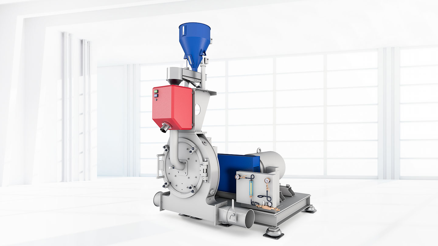 Prallscheibenmühle Zerma PM mit Dosiertrichter, Metallabscheider und Antriebsmotor